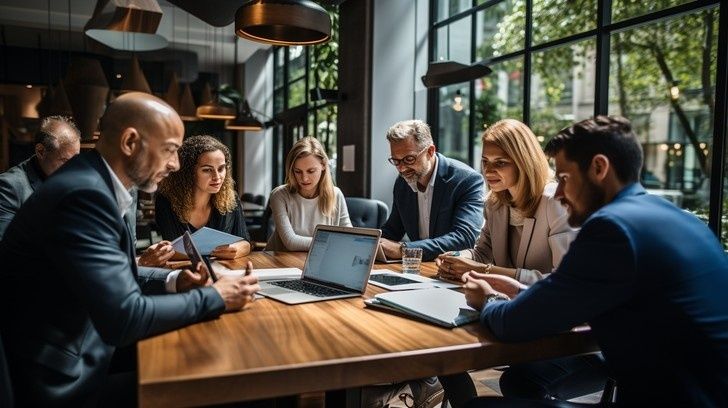 Diverse team discussing documents around a table with a laptop